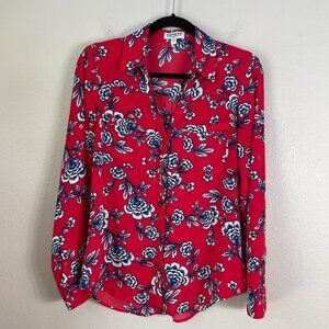 Express Portofino Shirt Womens Small Slim Fit Red Floral Button Up Blouse Top